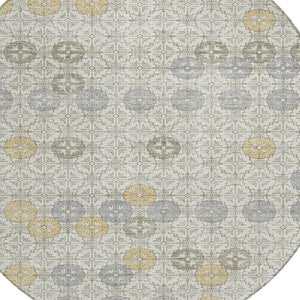 HomeRoots 5' Modern Ivory and Gold Geometric Area Rug - Stylish, Washable, Indoor/Outdoor, Stain-Resistant 8' Round 622972