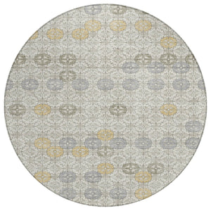 HomeRoots 5' Modern Ivory and Gold Geometric Area Rug - Stylish, Washable, Indoor/Outdoor, Stain-Resistant 8' Round 622972