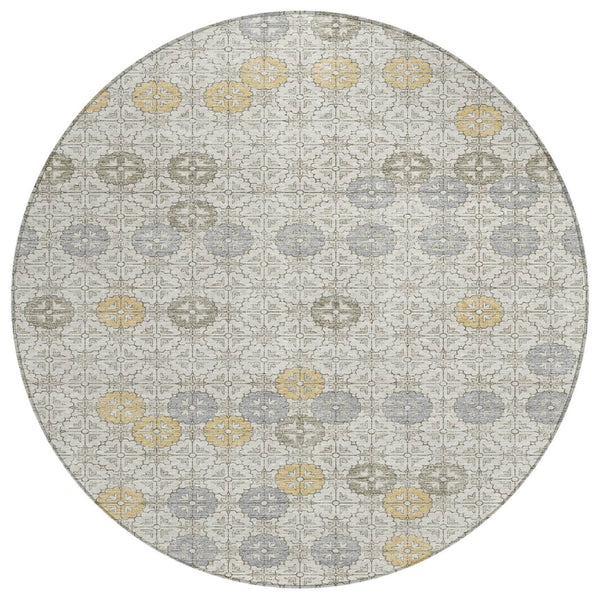 HomeRoots 5' Modern Ivory and Gold Geometric Area Rug - Stylish, Washable, Indoor/Outdoor, Stain-Resistant 8' Round 622972