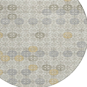 HomeRoots 5' Modern Ivory and Gold Geometric Area Rug - Stylish, Washable, Indoor/Outdoor, Stain-Resistant 8' Round 622972