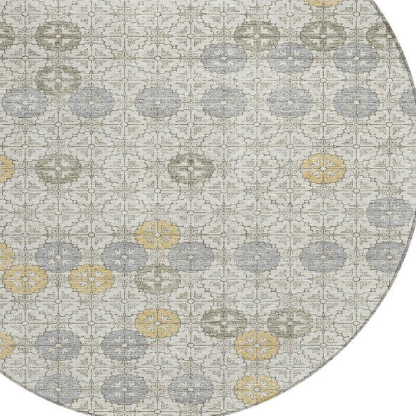 HomeRoots 5' Modern Ivory and Gold Geometric Area Rug - Stylish, Washable, Indoor/Outdoor, Stain-Resistant 8' Round 622972