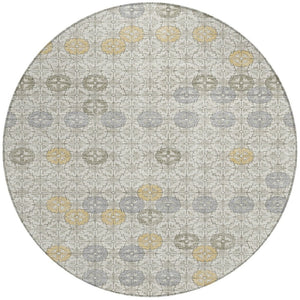 HomeRoots 5' Modern Ivory and Gold Geometric Area Rug - Stylish, Washable, Indoor/Outdoor, Stain-Resistant 8' Round 622972