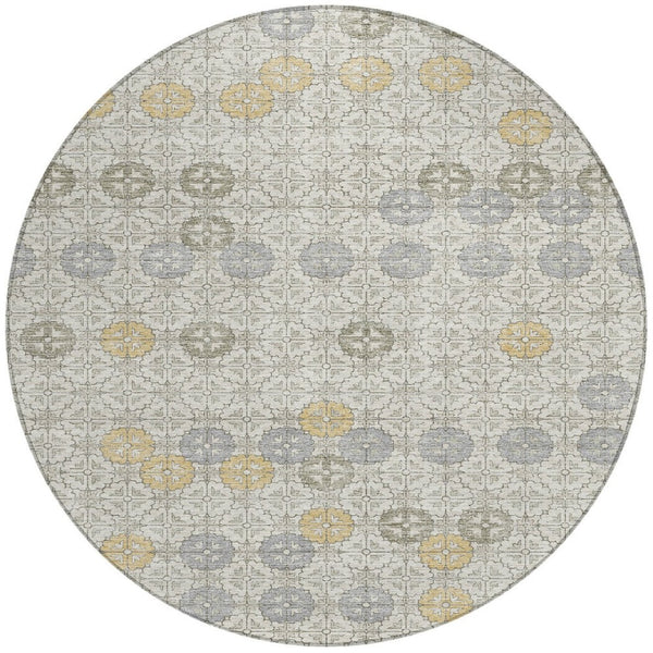 HomeRoots 5' Modern Ivory and Gold Geometric Area Rug - Stylish, Washable, Indoor/Outdoor, Stain-Resistant 8' Round 622972