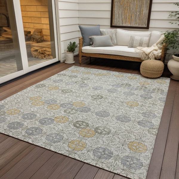 HomeRoots 5' Modern Ivory and Gold Geometric Area Rug - Stylish, Washable, Indoor/Outdoor, Stain-Resistant 8' X 10' 622973