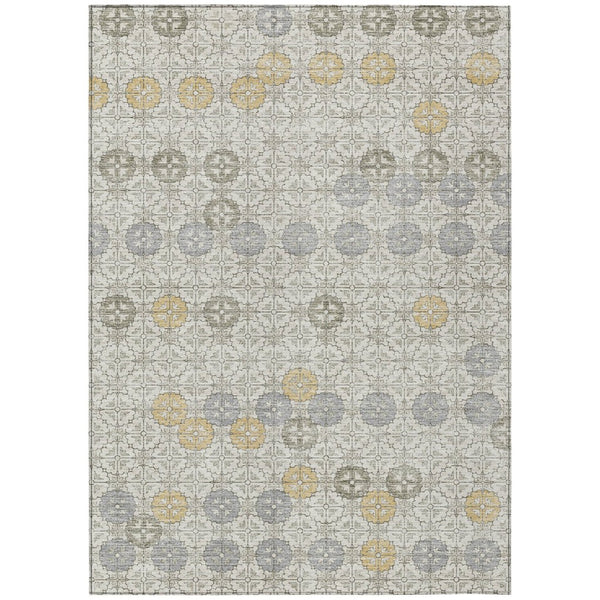 HomeRoots 5' Modern Ivory and Gold Geometric Area Rug - Stylish, Washable, Indoor/Outdoor, Stain-Resistant 8' X 10' 622973