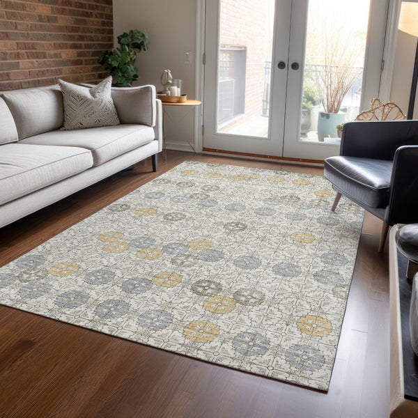 HomeRoots 5' Modern Ivory and Gold Geometric Area Rug - Stylish, Washable, Indoor/Outdoor, Stain-Resistant 8' X 10' 622973