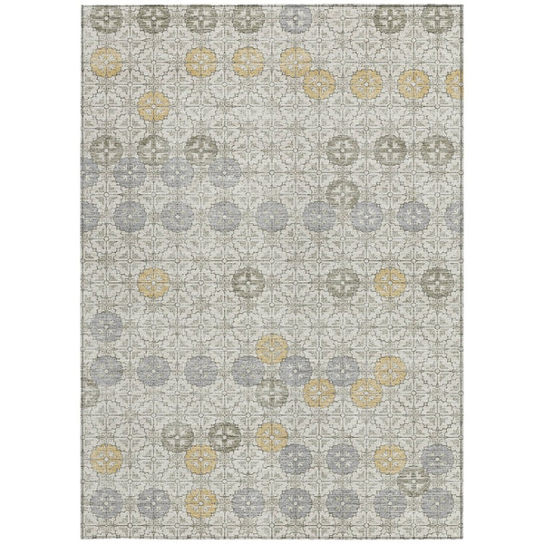 HomeRoots 5' Modern Ivory and Gold Geometric Area Rug - Stylish, Washable, Indoor/Outdoor, Stain-Resistant 9' X 12' 622974