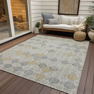 HomeRoots 5' Modern Ivory and Gold Geometric Area Rug - Stylish, Washable, Indoor/Outdoor, Stain-Resistant 9' X 12' 622974