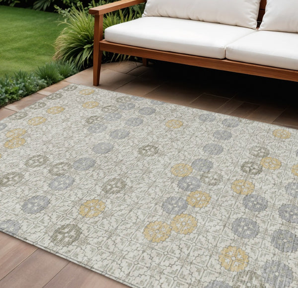 HomeRoots 5' Modern Ivory and Gold Geometric Area Rug - Stylish, Washable, Indoor/Outdoor, Stain-Resistant 10' X 14' 622975