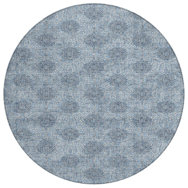 HomeRoots 5' Blue and Ivory Damask Washable Area Rug for Indoor and Outdoor Living Spaces, Stylish & Durable 8' Round 622990