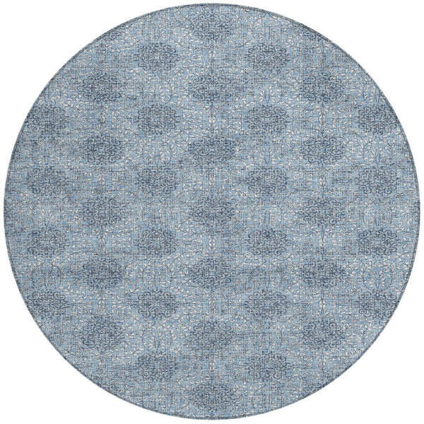 HomeRoots 5' Blue and Ivory Damask Washable Area Rug for Indoor and Outdoor Living Spaces, Stylish & Durable 8' Round 622990