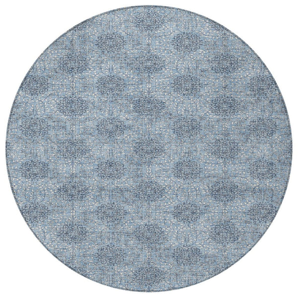 HomeRoots 5' Blue and Ivory Damask Washable Area Rug for Indoor and Outdoor Living Spaces, Stylish & Durable 8' Round 622990