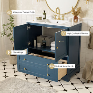 English Elm 30'' Modern Navy Blue Bathroom Vanity With Ceramic Sink, Soft-Close Doors & Gold Handles For Style N710P228365C