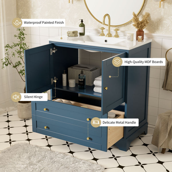 English Elm 30'' Modern Navy Blue Bathroom Vanity With Ceramic Sink, Soft-Close Doors & Gold Handles For Style N710P228365C