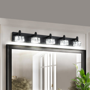 English Elm Modern 5-Light Matte Black LED Vanity Light with Crystal Shades, Dimmable 6000K 1625LM Bath Sconce W2312P374903