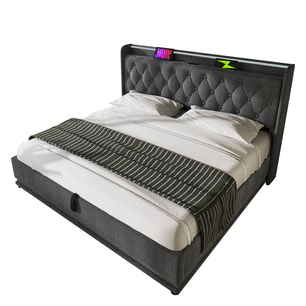 English Elm King Upholstered Bed with Surround LED, App/Remote Control, Hydraulic Storage, USB Type-C Charging Gray N736P188808G