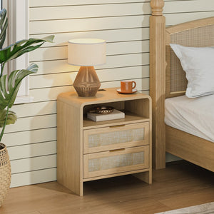 English Elm Rattan Drawer Nightstand Set with Built-in Charging Station and Open Shelf Bedroom Storage Oak W1820P416763