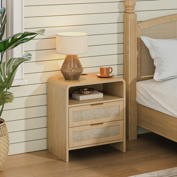 English Elm Rattan Drawer Nightstand Set with Built-in Charging Station and Open Shelf Bedroom Storage Oak W1820P416764