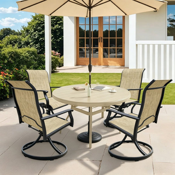 English Elm Outdoor Round Patio Dining Set Seats Four with Swivel Mesh Chairs and Umbrella Table W213S00059