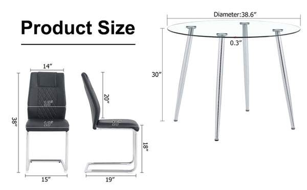 English Elm Table And Chair Set - Modern 38.6" Round Glass Dining Table With 4 Stylish Pu Chairs - Silver Legs W1151S03825-GIGA