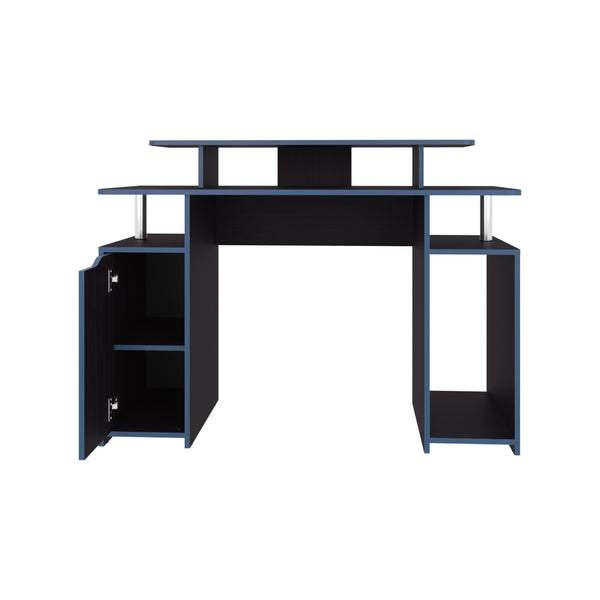 English Elm Gaming Desk Black Wengue with Blue Edge — Compact Engineered Wood, 1 Door & 6 Shelves, Durable Stylish Setup B097P350283