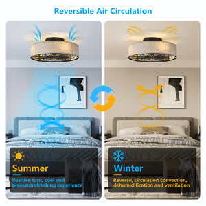 English Elm Caged 20" Flush Mount Ceiling Fan with Remote, Bohemian White Fabric Shade, LED Bladeless Silent Fan W1340P343836