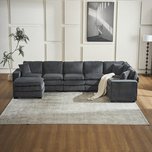 English Elm Modern U Shaped 6-Seat Sectional Sofa with Ottoman and 3 Toss Pillows, Corduroy Modular Comfort and Durable Frame Grey W2363S00041