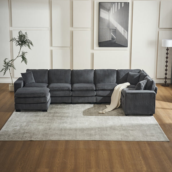 English Elm Modern U Shaped 6-Seat Sectional Sofa with Ottoman and 3 Toss Pillows, Corduroy Modular Comfort and Durable Frame Grey W2363S00041