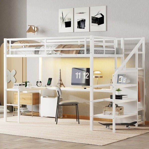 English Elm W00092aak-2 Metal Twin Xl Loft Bed with Wardrobe Desk Led Lighting and Stair Storage W1580P309650