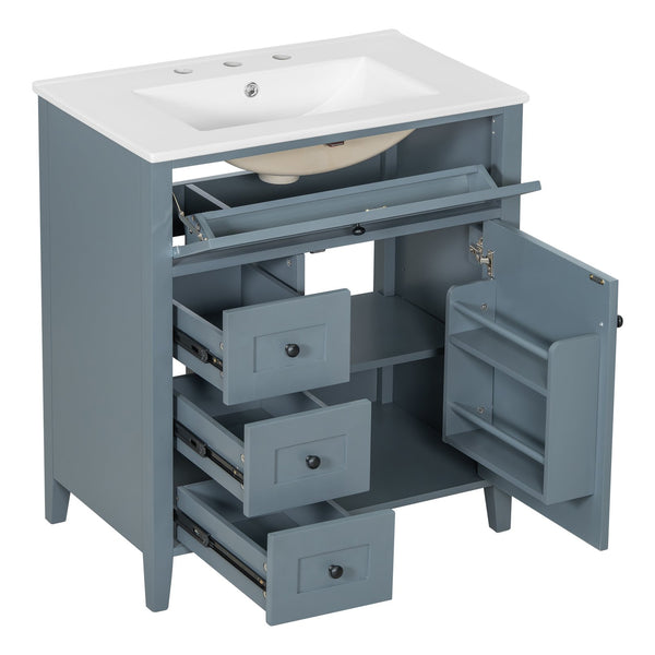 English Elm 30-Inch Contemporary Bathroom Vanity with Sink, MDF & Rubberwood, Glossy Finish, 3 Drawers + Cabinet Blue Gray N725P350819E