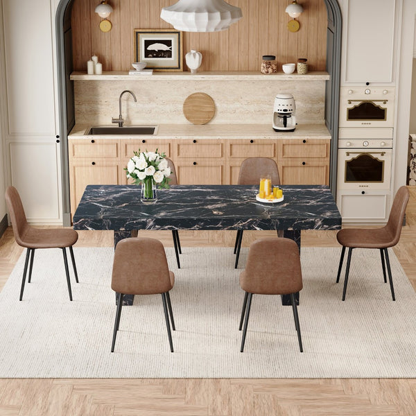 English Elm Table and Chair Set Seating Six with Marble Mdf Top Brown Fabric Upholstered Seats W1151S03914