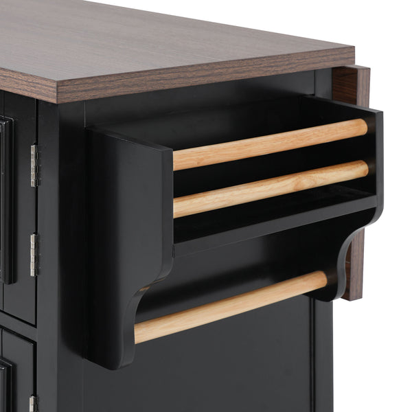 English Elm K&K 54.9" Farmhouse Kitchen Island Cart with Drop Leaf, Charging Station, Barn Doors & Glass Pane Black N707P300277B