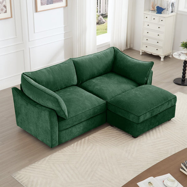 English Elm 2 Seater Sofa With Movable Ottoman & Hidden Storage Drawers – Modern Chenille Green Design For Small Spaces W3041S00183