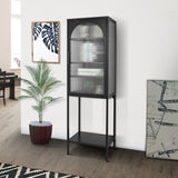 English Elm Stylish Tempered Glass High Cabinet With Arched Door Adjustable Shelves and Feet Anti-Tip Dust-Free Fluted Glass Kitchen Credenza Black