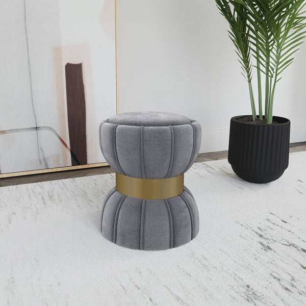 English Elm 1pc Chic Round Upholstered Ottoman Pouf Velvet Soft Vertical Piping Hourglass Silhouette Metal Band Trim Gold,Grey 18 L x 15.5 W x 15.5 H B011P362630