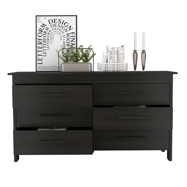 English Elm Double Six-Drawer Dresser with Metal Gliders and Pulls, Engineered Wood, Compact 31.7" Height Black 35 L x 22 W x 7 H B097S00101