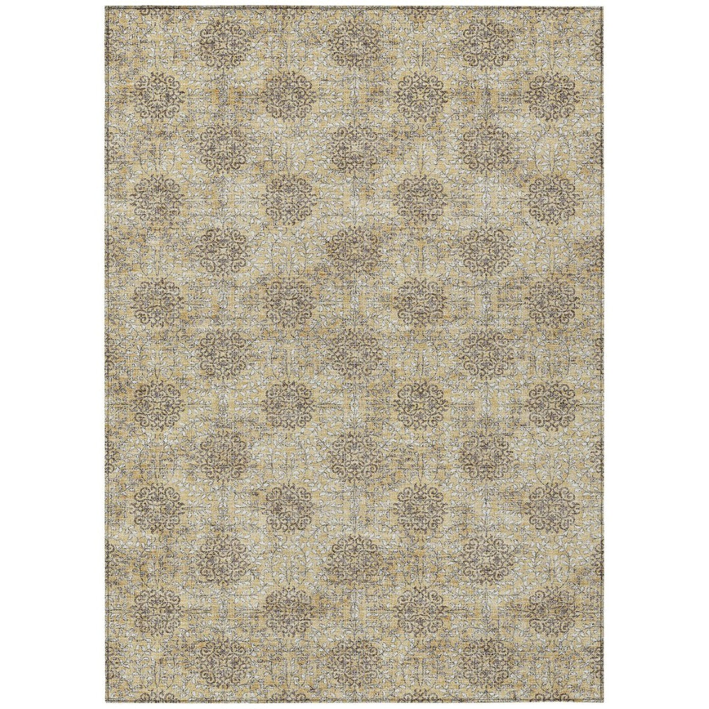 HomeRoots 5' Gold and Taupe Damask Washable Area Rug - Elegant Machine-Woven Design for Indoor and Outdoor Use 5' X 8' 623001