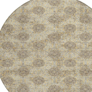 HomeRoots 5' Gold and Taupe Damask Washable Area Rug - Elegant Machine-Woven Design for Indoor and Outdoor Use 8' Round 623002