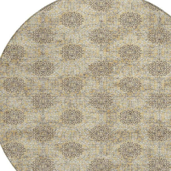 HomeRoots 5' Gold and Taupe Damask Washable Area Rug - Elegant Machine-Woven Design for Indoor and Outdoor Use 8' Round 623002