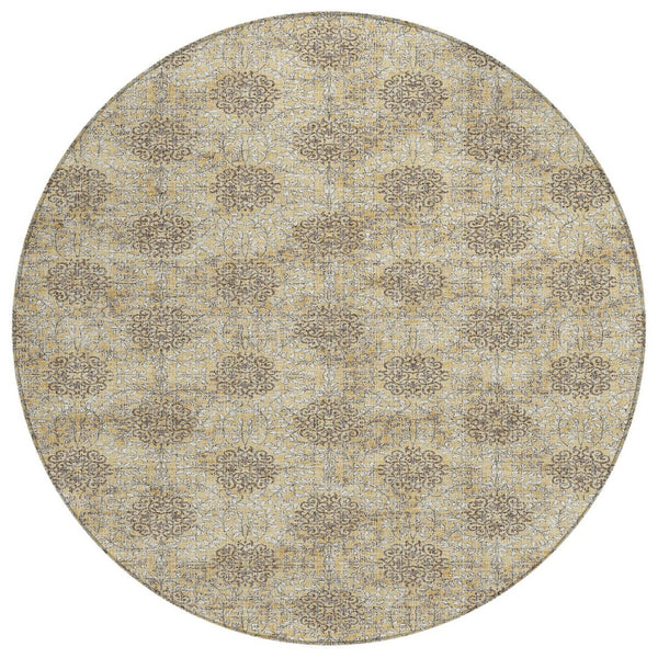 HomeRoots 5' Gold and Taupe Damask Washable Area Rug - Elegant Machine-Woven Design for Indoor and Outdoor Use 8' Round 623002