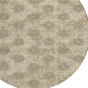 HomeRoots 5' Gold and Taupe Damask Washable Area Rug - Elegant Machine-Woven Design for Indoor and Outdoor Use 8' Round 623002