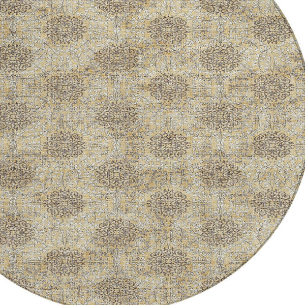 HomeRoots 5' Gold and Taupe Damask Washable Area Rug - Elegant Machine-Woven Design for Indoor and Outdoor Use 8' Round 623002