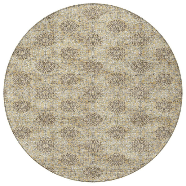 HomeRoots 5' Gold and Taupe Damask Washable Area Rug - Elegant Machine-Woven Design for Indoor and Outdoor Use 8' Round 623002