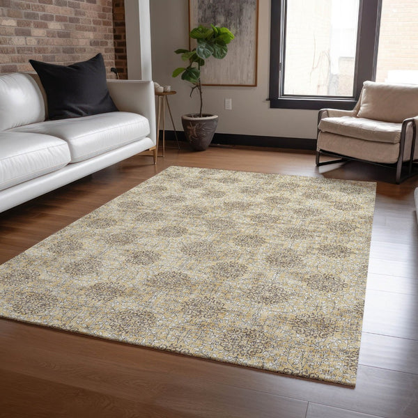 HomeRoots 5' Gold and Taupe Damask Washable Area Rug - Elegant Machine-Woven Design for Indoor and Outdoor Use 8' X 10' 623003