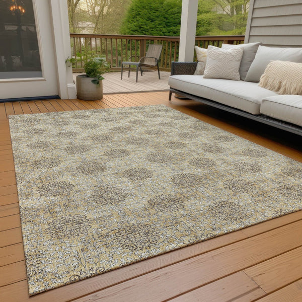 HomeRoots 5' Gold and Taupe Damask Washable Area Rug - Elegant Machine-Woven Design for Indoor and Outdoor Use 8' X 10' 623003