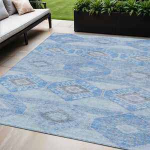 HomeRoots 5' Blue and Gray Aztec Washable Indoor Outdoor Area Rug – Durable, Stylish, Easy-Care for Any Space 5' X 8' 623013