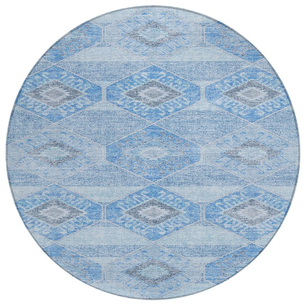 HomeRoots 5' Blue and Gray Aztec Washable Indoor Outdoor Area Rug – Durable, Stylish, Easy-Care for Any Space 8' Round 623014