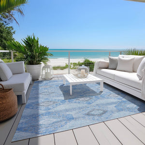HomeRoots 5' Blue and Gray Aztec Washable Indoor Outdoor Area Rug – Durable, Stylish, Easy-Care for Any Space 9' X 12' 623016