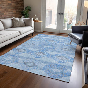HomeRoots 5' Blue and Gray Aztec Washable Indoor Outdoor Area Rug – Durable, Stylish, Easy-Care for Any Space 10' X 14' 623017