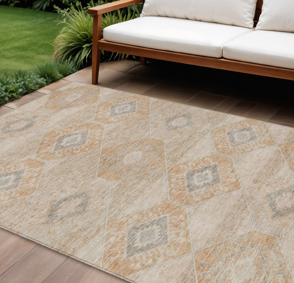 HomeRoots 5' Copper and Gray Aztec Washable Indoor Outdoor Area Rug - Durable, Stylish, and Easy to Clean 10' X 14' 623023